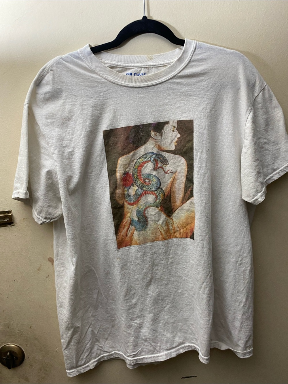 Gildan White Short-Sleeve Tee with Multicolor Snake Back Print